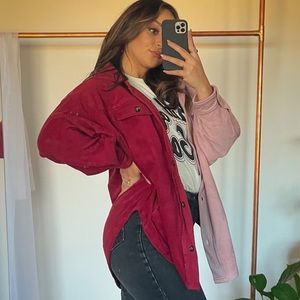 Pink and Burgundy Color-blocked Fleece Jacket